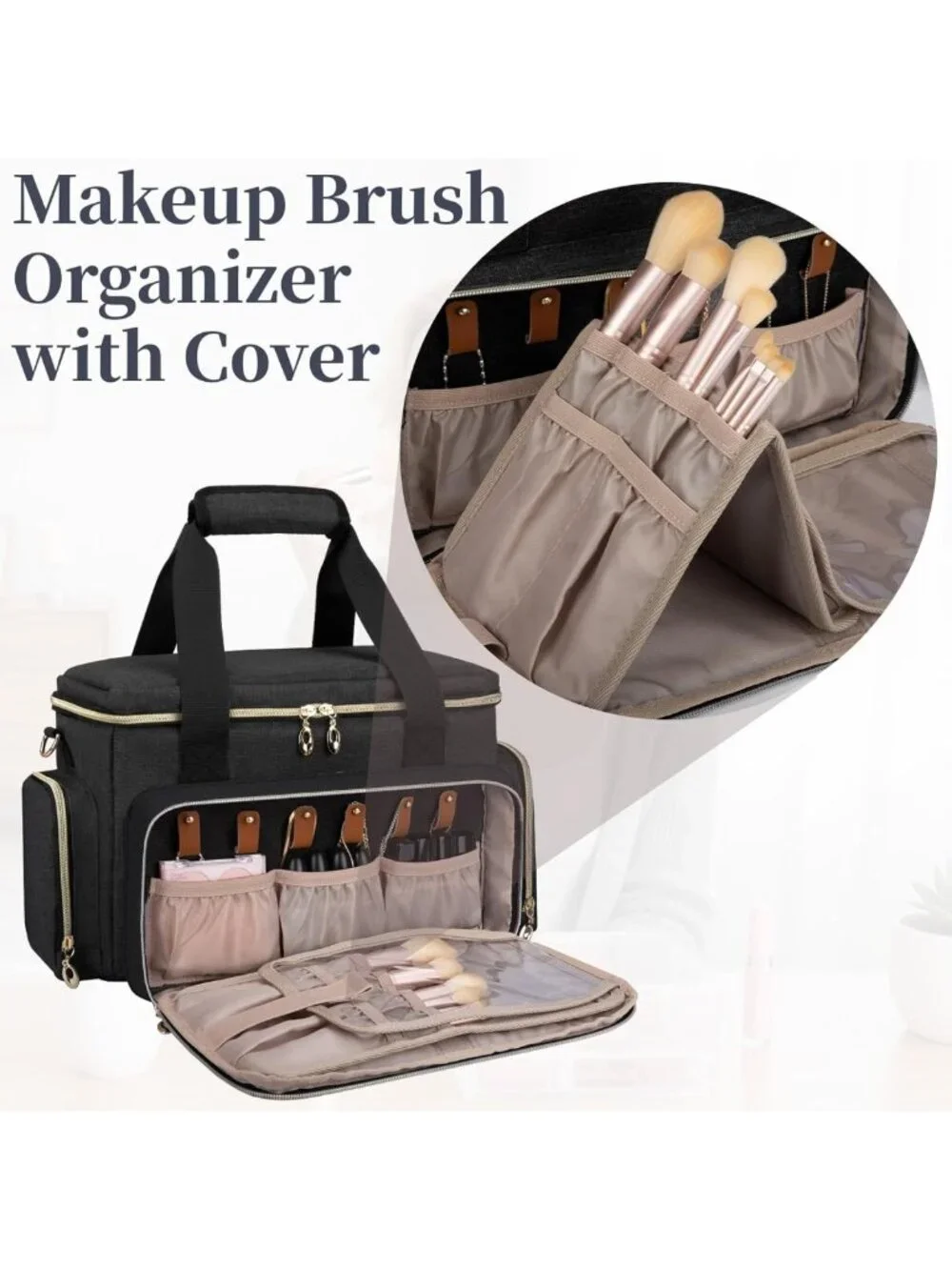 Spacious Travel Makeup Organizer Bag with Removable Pouches & Dividers - Black